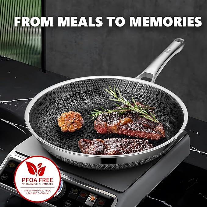 Non Stick Frying Pans Set with 2 Lid, Hybrid Skillet Set Nonstick (8+10+12inch), Pans for cooking, PFOA Free Stainless Steel Kitchen set, Dishwasher and Oven-Safe Cookware Sets
