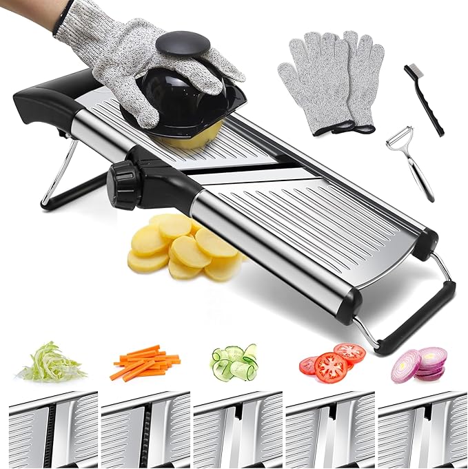 Mandoline slicer, Stainless Steel adjustable Mandoline vegetable slicer, mandoline for kitchen, Vegetable Cutter potato,onion,cucumber slicer, with paring knife, brush and cutproof gloves