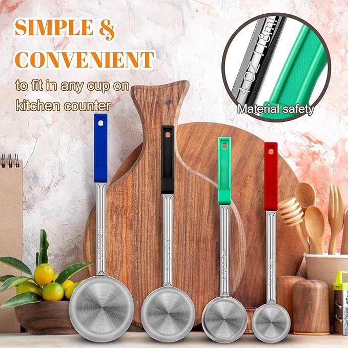 Stainless Steel Solid Portion Control Ladle Spoon - Pizza Sauce Serving Spoons Portion Ladle for Sauces, Perfect for Weight Watchers, Buffets, Parties，2 oz 4oz 6oz 8oz Color Handles Spoodle - Set of 4