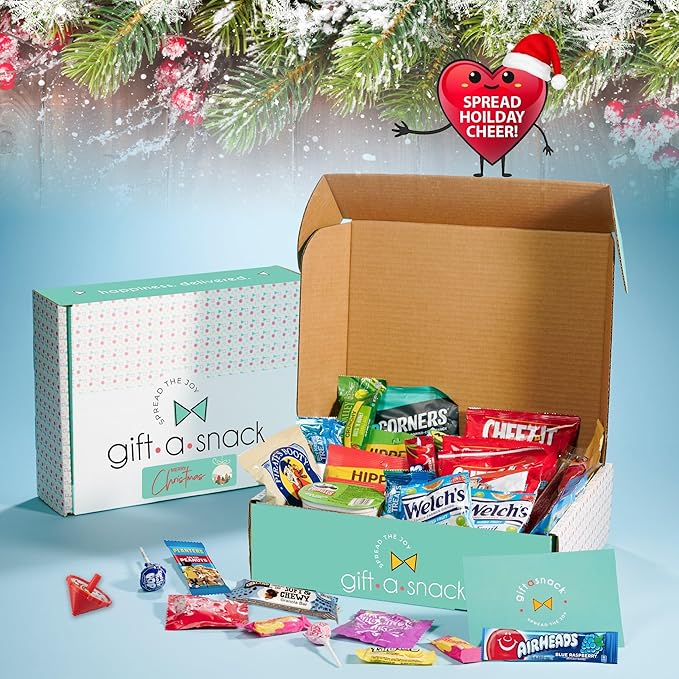 Gift A Snack - Christmas Candy Stocking Stuffers, Pre-filled Holiday Snack Box Care Package + Greeting Card (60 Count) Sweet Treats Gift Basket, Candies Chips Food Assortments & Variety Gifts
