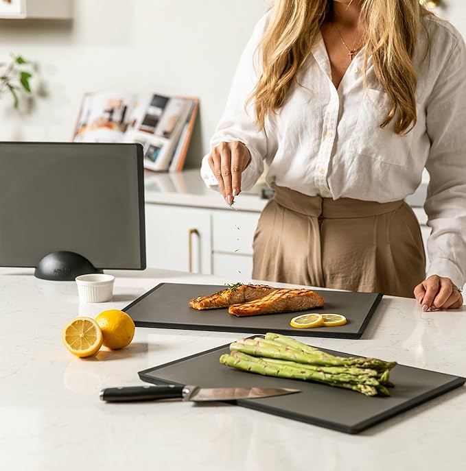 SMIRLY Plastic Cutting Board Set with Holder 3 Pieces, Non-Slip Dishwasher Safe Chopping Boards for Kitchen, Dark Grey
