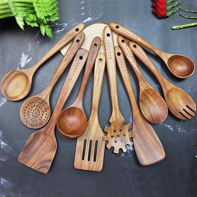 10 Pcs Wooden Spoons for Cooking,Teak Wooden Kitchen Utensils Set Spatulas for Cooking Utensils