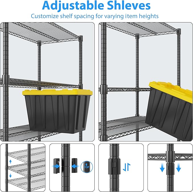 Homdox Heavy Duty Storage Shelves, 5 Tier Wire Shelving Unit with Wheels, Commercial Adjustable Metal Shelves for Storage, Garage Rack Pantry Shelves Kitchen Shelving, 18"x36"x82", Black