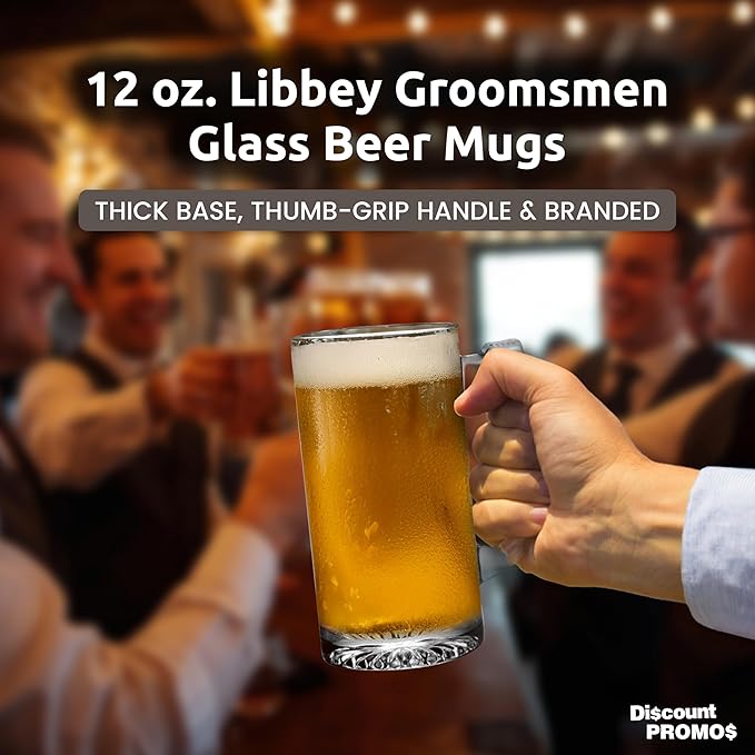 12 Libbey Beer Mugs Set, 12 oz. - Groomsmen Glassware - Clear