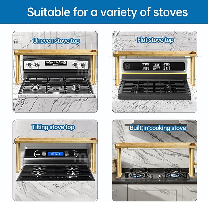 Over The Stove Top Shelf for Kitchen Bamboo Spice Rack Organizer for Back of Stove with Protective Lips & 6 Hooks,Easy Installation 33.5 * 4.5 * 13.4”