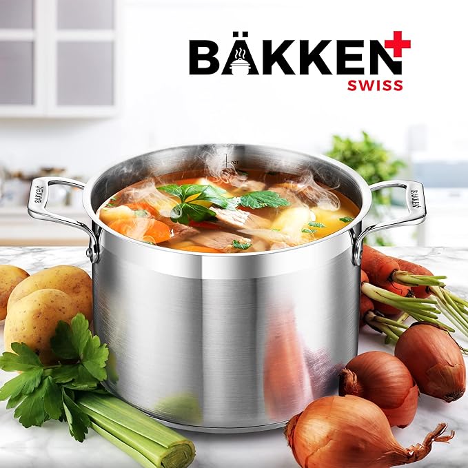 Stainless Steel Stockpot with Lid 8 Quart, Durable 18/8 Stainless Steel, Impact-Bonded Base for Even Heating, Riveted Handles, Oven & All Stove Compatible, Safe Up To 500°F (260°C)
