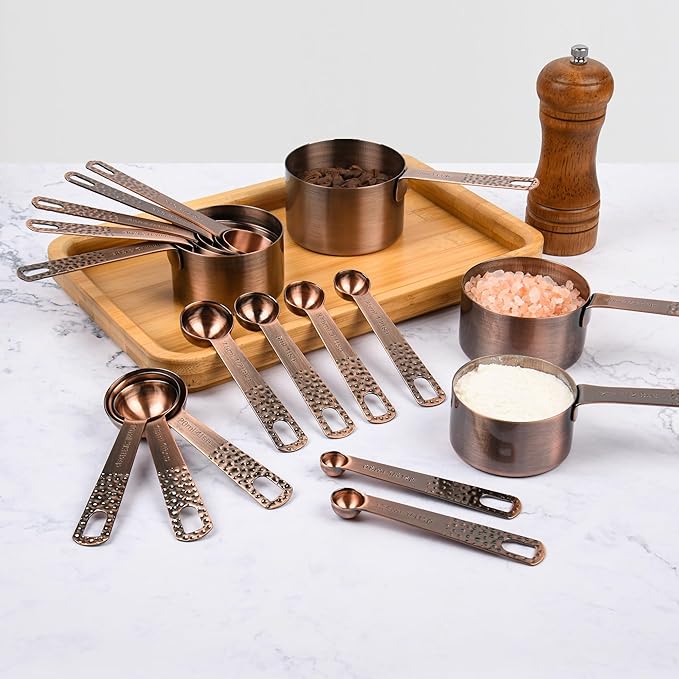 Copper Measuring Cups and Spoons Set 20 for Kitchen & Baking, Metric & US Stainless Steel Measuring Cups and Spoons with Leveler for Dry & Liquid, 8 Copper Plated Measure Cup & 9 Spoon