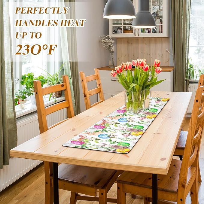 Easter Trivet Table Runner 40 Inches Long Easter Bunny Eggs in Grass Flowers Heat Resistant Hot Pad Multi Purpose Mat for for Hot Pots Pans Kitchen Countertops