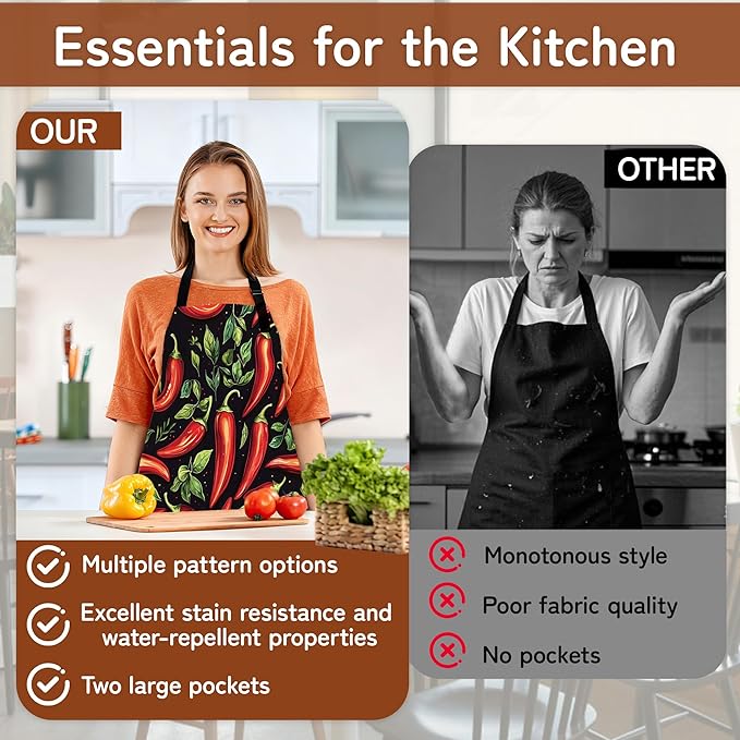 Kitchen Apron with Pocket,Waterproof Adjustable Neck and Long Ties, Cooking Baking Gardening Painting Apron for Women
