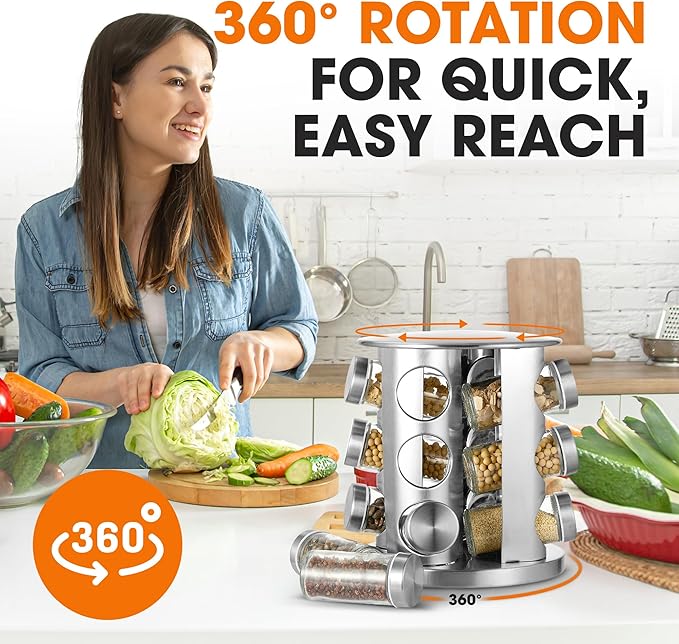 Cheer Collection Rotating Spice Rack for Countertop with 12 Jars, Stainless Steel Revolving Storage Organizer for Spices and Seasonings, plus Dry Erase Marker and 48 Reusable Labels
