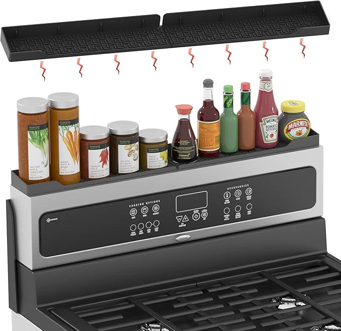 Stove Top Shelf 30 Inch, Magnetic Over the Stove Top Shelf, Silicone Oven Spice Rack Organizer Storage Organization for Kitchen, Black