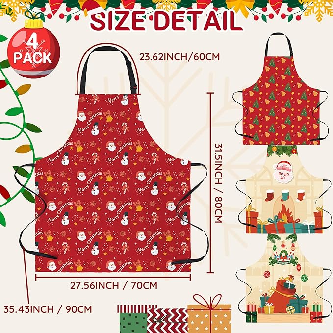 4 Pack Funny Christmas Kitchen Aprons for Women Men Adjustable Cooking Chef Aprons Waterproof Bib Aprons Cute Xmas Party Gift