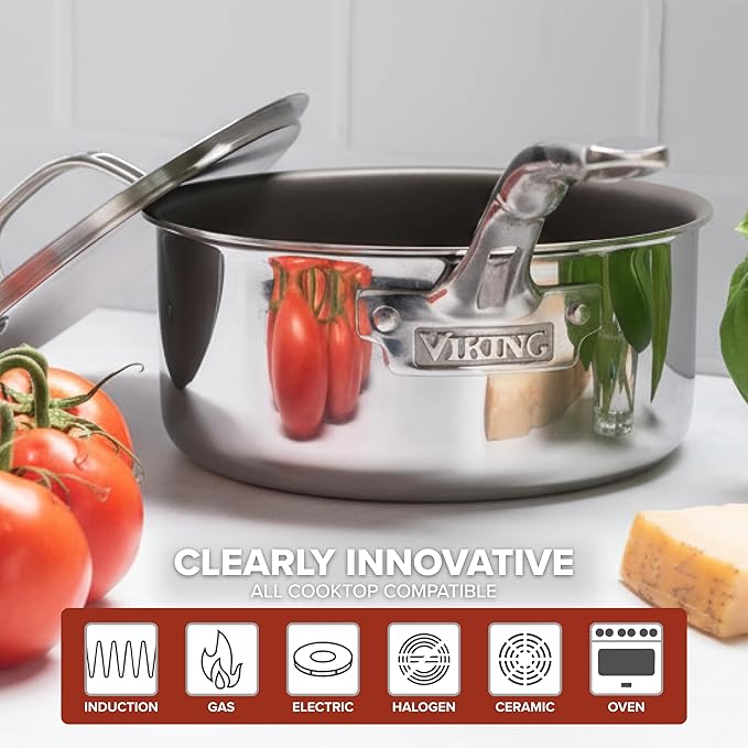 Viking PureGlide Pro 3-Ply Nonstick Sauce Pan, Made without PFAS, 3-Quart Induction Cooking Pot with Lid, Metal Utensil Safe Titanium Nonstick Surface, Oven Safe to 600F