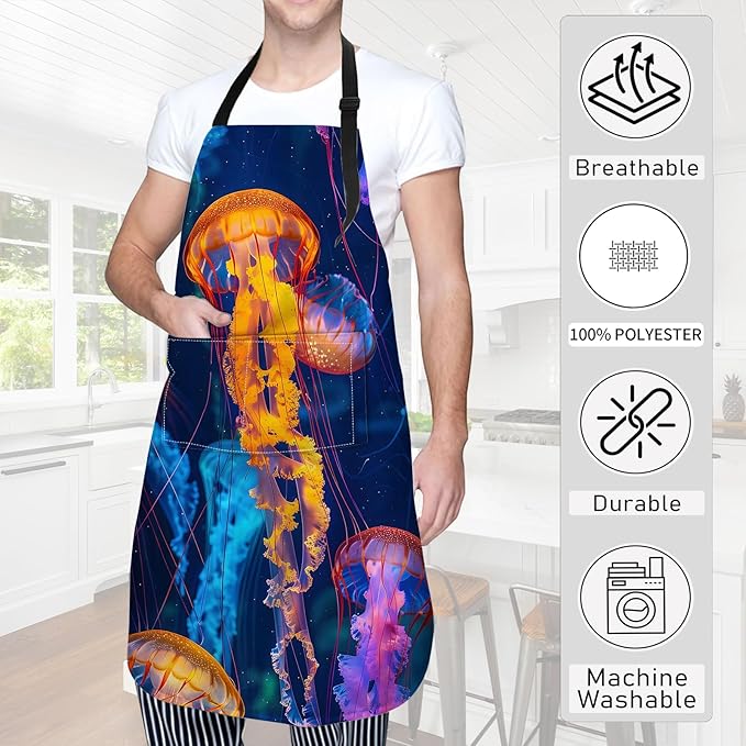 Colorful Jellyfish Apron,Oxford Fabric Adjustable Kitchen Apron with 2 Pockets,Waterproof Cooking Aprons for Men Women Mom Wife Dad,Ideal Gifts for Coffee,Shop,Baking,BBQ,Housewarming,28x33in