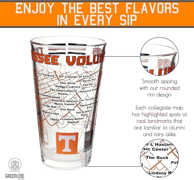 Greenline Goods – University of Tennessee Volunteers College Pint Beer Glasses (Set of 2), 16 oz – Full-Color Logo + Campus Map