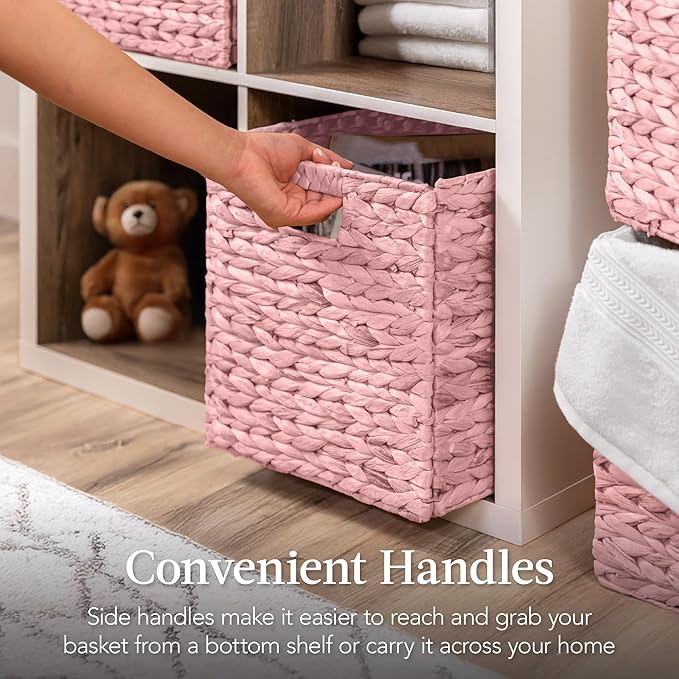 Best Choice Products 10.5x10.5in Pack of 5 Cube Storage Baskets, Water Hyacinth Multipurpose Collapsible Organizers, Handwoven Toy Storage Totes for Kids Room, Nursery & Living Room - Pink