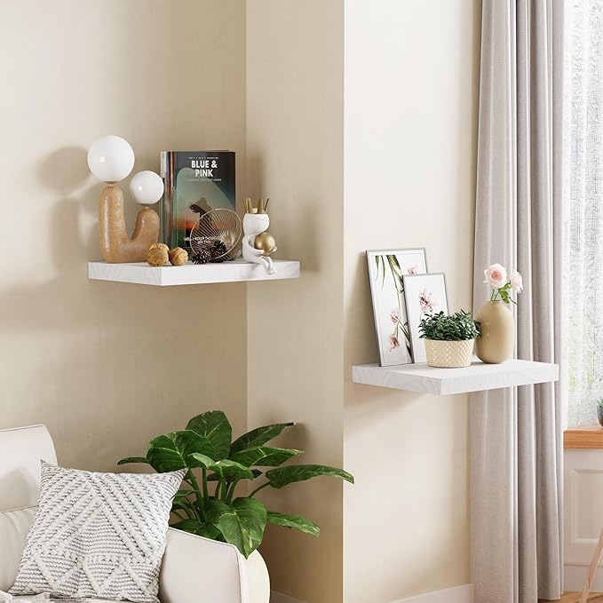 White 12 Inch Deep Floating Shelves Set of 2, Rustic Wood Shelving Live Edge Shelves Display, Bathroom Wall Shelf Decor for Living Room, Kitchen, Office