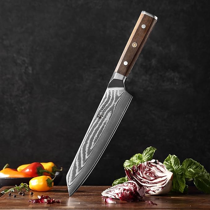 Wakoli HIK Damascus Kiritsuke Knife – Full Tang Chef Knife | 8-Inch Blade Made of 67-Layer Damascus Steel with VG10 Core | Walnut Wood Handle | Sharp, Durable, Gift Box Included
