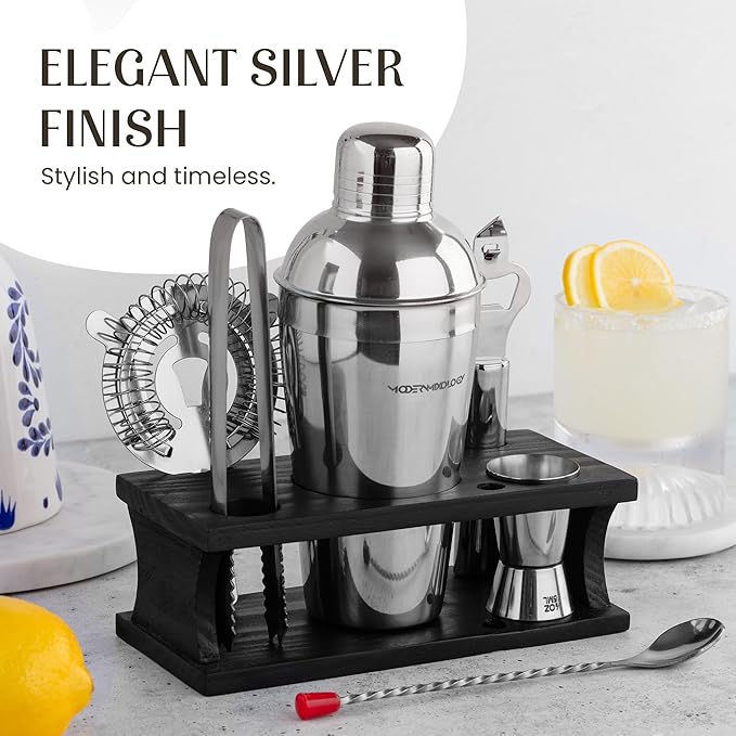 Modern Mixology Cocktail Shaker Set - 8 Piece Bartender Kit with Martini Shaker and Popular Bar Accessories on Quality Pine Stand - Leak Proof Design (Silver)