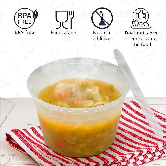 [48 Pack - 16 oz] Plastic Soup Cups Deli Food Storage Containers with Tight Lids Portion Control Non-Spill Stackable Microwaveable Freezer Dishwasher Safe