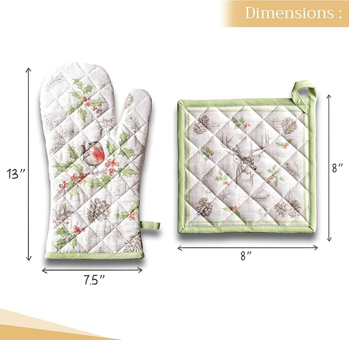 Maison d' Hermine 100% Cotton Oven Mitt & Pot Holder Set (7.5"x13" & 8"x8") Heat Resistant BBQ Cooking Gloves with Loop for Thanksgiving Christmas Decorations Handling Hot Pans (Christmas Dew)