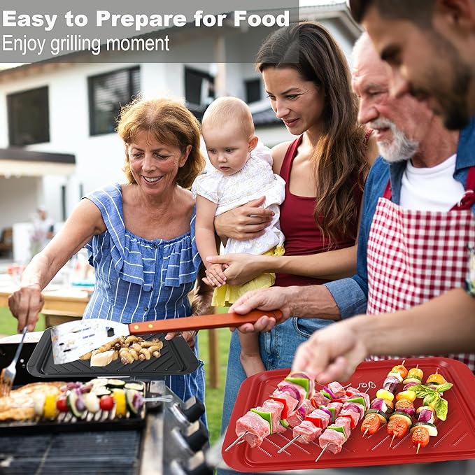 Large Grilling Prep and Serve Trays, BBQ Platter for Raw and Cooked Food, Melamine Serving Trays for Food, Set of 2, Black and Red, Napkin and Cleaning Clothes Included