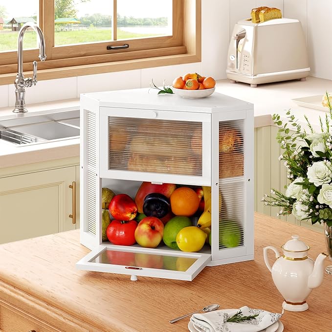 WOWLIVE Corner Bread Box for Kitchen Countertop, Double Layer Bamboo Bread Storage Container, Large Farmhouse Bread box with Acrylic Wavy Door Panel, Under Cabinet Organizer (White, Medium)