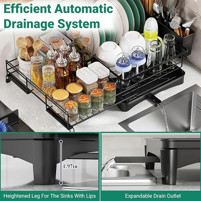 Expandable Over Sink Dish Drying Rack – Foldable Stainless Steel Kitchen Organizer with Utensil Holder, Space-Saving & Rustproof (Black)