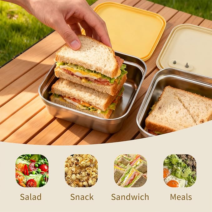 2 Pack Reusable Stainless Steel Sandwich Containers – Durable, Eco-Friendly, Leak-Proof Design, 22 oz (White & Yellow)