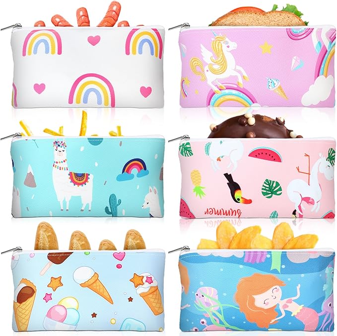 Chumia 6 Pcs Reusable Snack Bags Christmas Gifts Food Safety Washable Snack Bags Lunch with Zipper Portable Sandwich Bag Food Storage Pouch Double Layer(Cute,6.9 x 3.7 Inches)