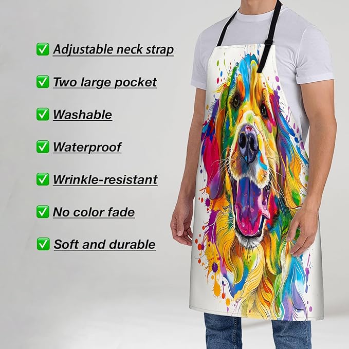 Golden Retriever Apron for Women, 28x33in, Kitchen Chef Aprons with 2 Pockets, Polyester, Colorful Animal Dog Apron for Cooking BBQ Baking Gardening Chef, Gifts for Mom Wife Dad