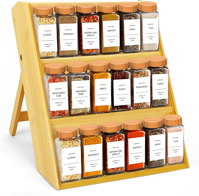 Bamboo Spice Rack Organizer, 3 Tier Folding Spice Shelf for Cabinet, Drawer or Countertop