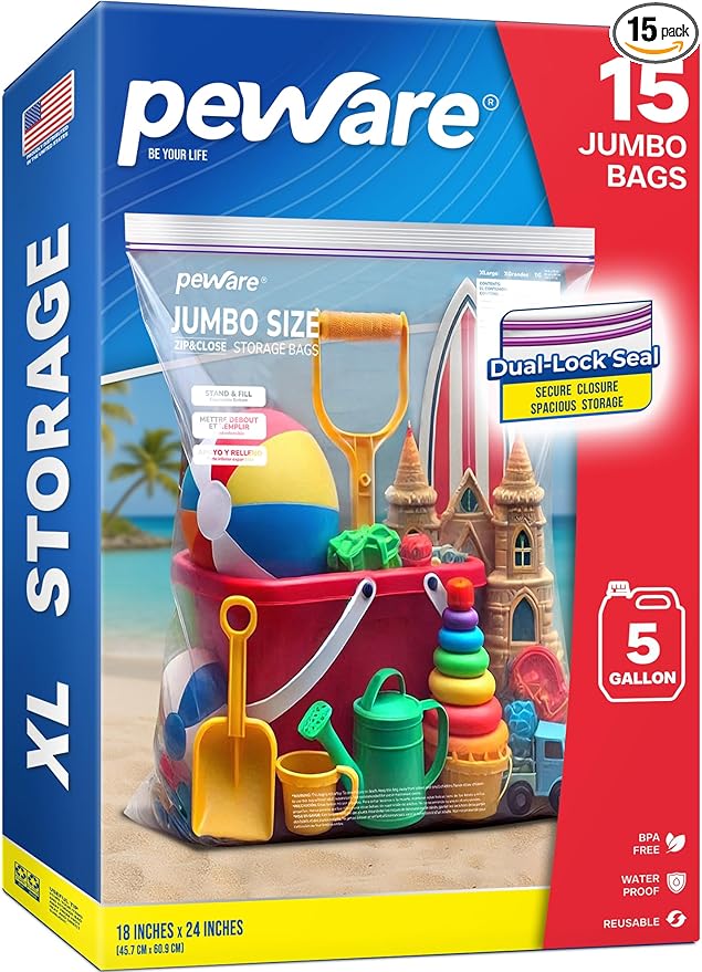 Jumbo 5 Gallon Size Zip Bags with Double Zippers, Clear Plastic Storage Bags for Household and Travel Use, Clothes and Toys, Large Assorted Sizes for Moving and Organization 18"x24" [15 COUNT]