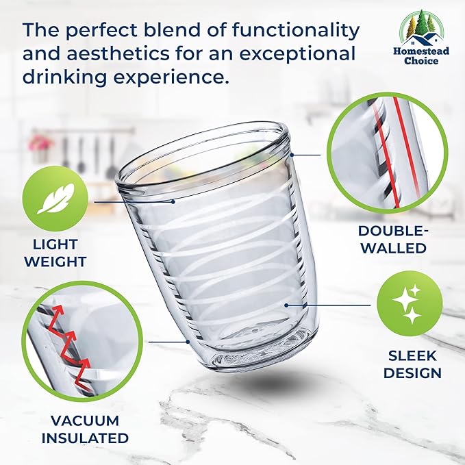 12oz Insulated Tumblers Plastic - Great for Iced Coffee & Hot Drinks, 4 pack Clear Double Wall Insulated Drinking Glasses Cups, BPA-Free, Dishwasher Safe Reusable Cups, Camping, Travel, Kitchen, Party