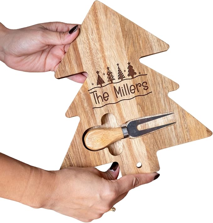 Custom engraved christmas tree luxury charcuterie board set, holiday season cheese, fruits, food, dessert, bread chopping acacia tray for table decoration, personalized gift for dinner hostess