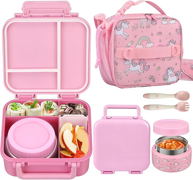 Kids Lunch Box Set with Bento Box, 9oz Stainless Steel Thermos & Insulated Lunch Bag – Hot & Cold Leakproof Lunch Container with Utensils for School & Travel