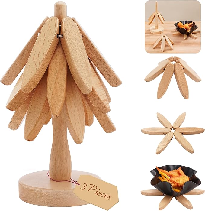 Wooden Trivets Tree for Hot Dishes, Set of 3 Natural Wood Coaster for Hot Pots and Pans, Christmas Kitchen Decor for Family Members, 8" Tree Shape Wooden Hot Pads with Stand, 3PCS Light Wood