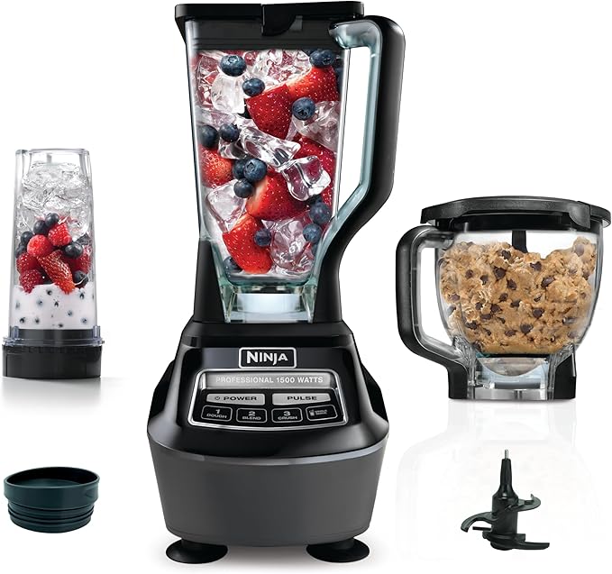 Ninja Blender, Food Processor, Blender for-Smoothies, Includes Pitcher, Smoothie Cup, and 8-Cup Bowl, Salsa, Dough, Shakes, Slush, and Frozen Drinks, Mega Kitchen System, 120 Volts, Black, BL770AMZ