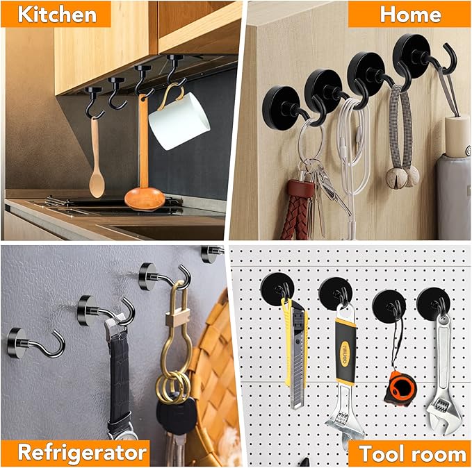 MIKEDE Black Magnetic Hooks Heavy Duty, 30Lbs+ Strong Neodymium Magnets with Metal for Refrigerator,Super Cruise Hanging, Kitchen, Storage - Pack of 130