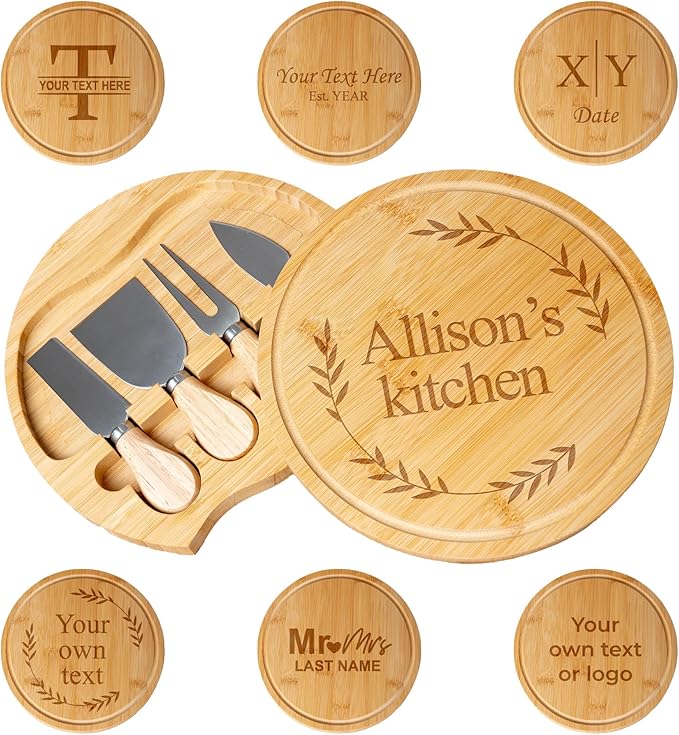 Custom engraved luxury charcuterie board & knife set/4pcs, personalized cheese chopping serving tray for fruit, food, dessert for table decoration, personalized gift for host (Your text inside leaves)