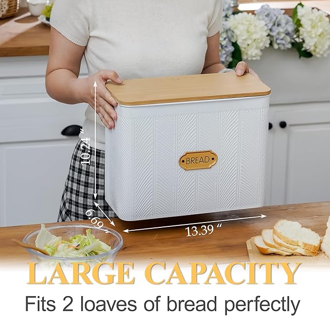 Extra Large Bread Box for Kitchen Countertop Corner Breadbox for Homemade Bread Metal White Diagonal Stripe Pattern Embossed Storage Container Bin with Bamboo Lid Fits 2 Loaves of Bread