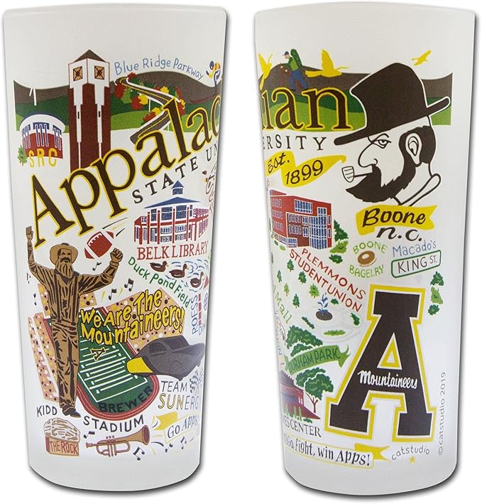 Catstudio Drinking Glass, Appalachian State University Glass Cup for Kitchen, 15oz Dishwasher Safe Tumbler for ASU Alumni