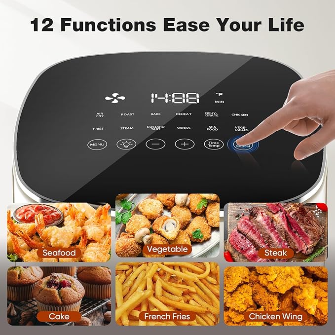 OLIXIS Air Fryer 6 Quart with Window Square Air Fryer 12-in-1 Air Fry, Roast, Reheat, Dehydrate, Bake, Steam, Fries, Custard, Chicken, Wings, Sea Food, Vegetabels,400F Beige