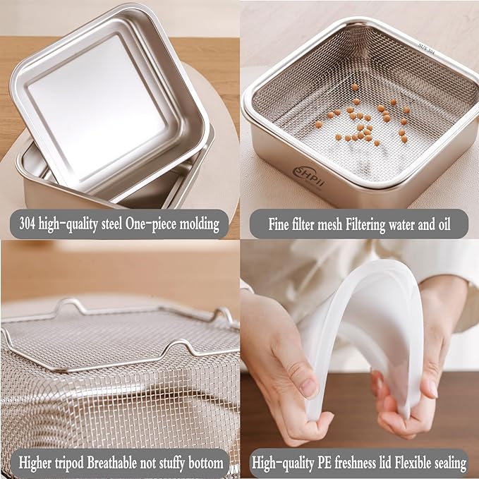 Square Colander Set, 304 Stainless Steel with PE Lid, Storage Container, Tofu Drainer, Back of House Preparation, Washing and Drainage Tools, Refrigerator Storage, Picnic Party (2000ML)