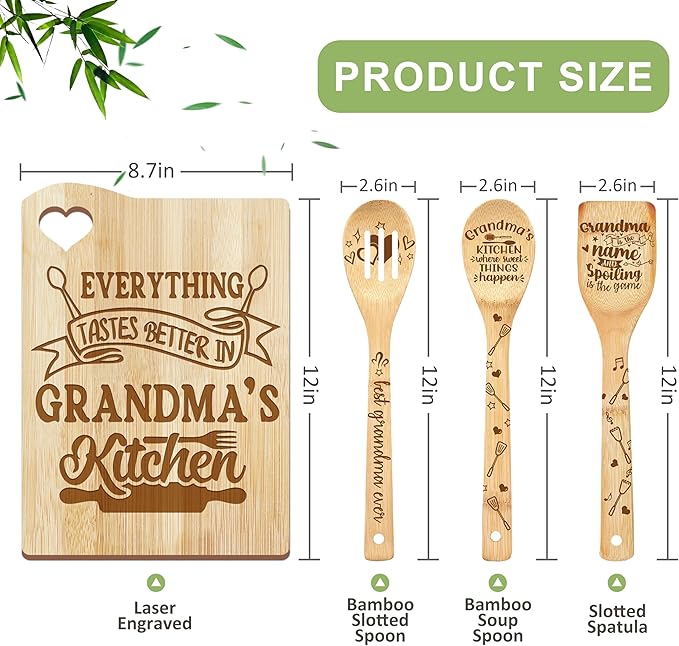 Gifts for Grandma, Grandma Kitchen Gifts from Grandkids, Birthday Gift Wooden Cutting Board with Cooking Utensils Set with Apron Set, Great Christmas Mothers Day Gift