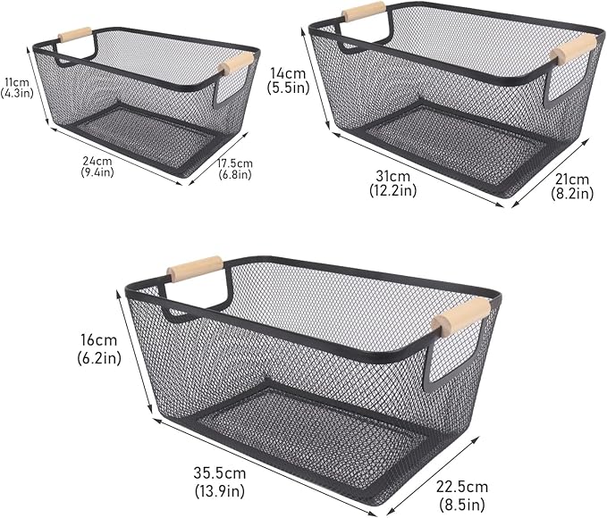 Potato and Onion Storage Bin with Garlic Bin, 3 Set Potato Bin Onion Container Garlic Keeper with Wooden Handle, Pantry Kitchen Metal Mesh Basket for Fruits, Vegetables and Produce-Black