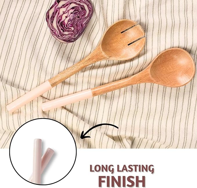 Folkulture Salad Servers or Salad Tongs, Wooden Utensils for Serving Salad, Salad Forks or Salad Tongs for Serving, Salad Sling, 12-inch Spoon and Fork Set, Mango Wood, Pink
