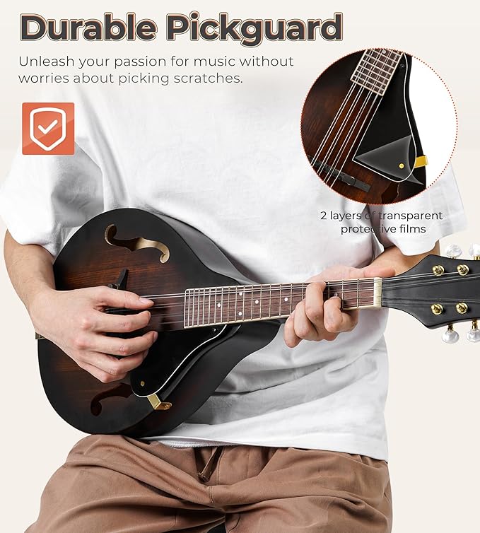 Vangoa Mandolin Instrument A Style, Acoustic Mandolin Musical Instrument Solid Spruce Top 8 String for Beginners, Adults, Teens, Dark Brown