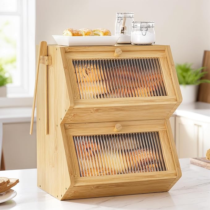 WOWLIVE Double Layer Bread Box for Kitchen Countertop, Large Bamboo Bread Storage Container for Homemade Bread, Farmhouse Bread Holder for Kitchen Counter Cabinet, Pantry, Cupboard (Natural, Medium)