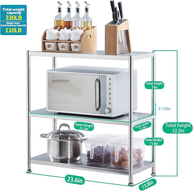 susunnus Stainless Steel Shelves 23.6in-3 Tier, Stainless Steel Shelf Organizer, Kitchen Storage Shelves, Artistic Texture, Pragmatic& Sturdy & Waterproof
